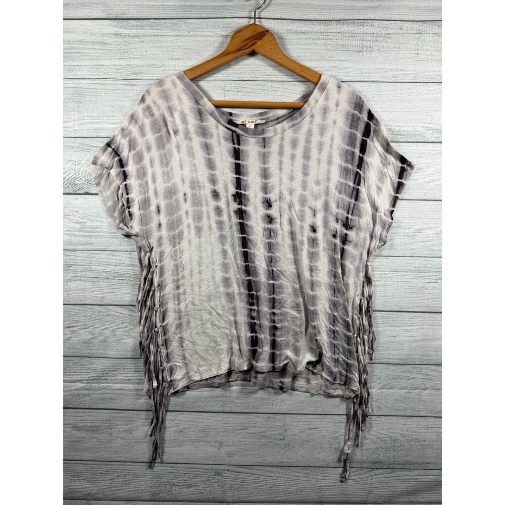 Mi Ami Women's L Gray Black Tie Dye Fringe Boho Short Sleeve Top 1291